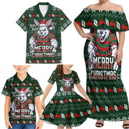 Personalized South Sydney Rabbitohs Christmas Family Matching Off Shoulder Maxi Dress and Hawaiian Shirt Australian Rugby Fans - Pixelated Ugly Xmas Pattern Mascot Santa
