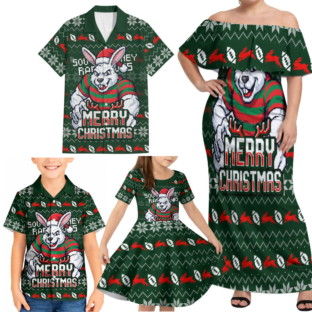 Personalized South Sydney Rabbitohs Christmas Family Matching Off Shoulder Maxi Dress and Hawaiian Shirt Australian Rugby Fans - Pixelated Ugly Xmas Pattern Mascot Santa