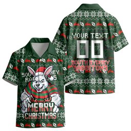 Personalized South Sydney Rabbitohs Christmas Kid Hawaiian Shirt Australian Rugby Fans - Pixelated Ugly Xmas Pattern Mascot Santa