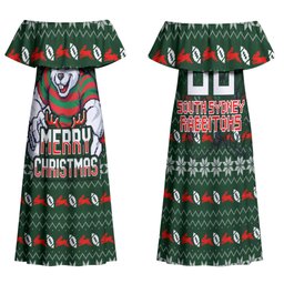 Personalized South Sydney Rabbitohs Christmas Family Matching Off Shoulder Maxi Dress and Hawaiian Shirt Australian Rugby Fans - Pixelated Ugly Xmas Pattern Mascot Santa
