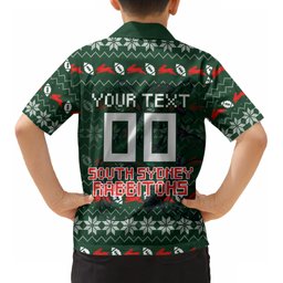 Personalized South Sydney Rabbitohs Christmas Kid Hawaiian Shirt Australian Rugby Fans - Pixelated Ugly Xmas Pattern Mascot Santa