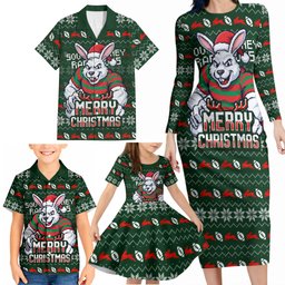 Personalized South Sydney Rabbitohs Christmas Family Matching Long Sleeve Bodycon Dress and Hawaiian Shirt Australian Rugby Fans - Pixelated Ugly Xmas Pattern Mascot Santa