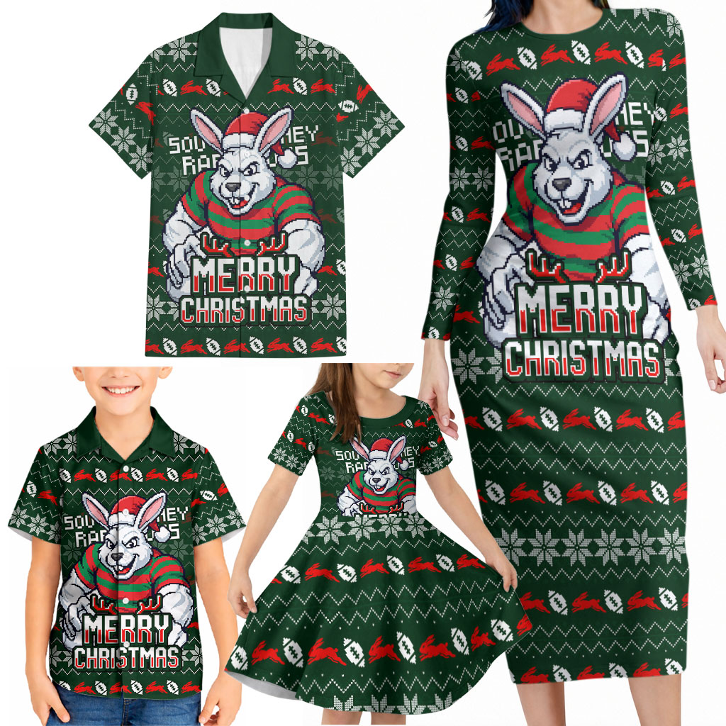 Personalized South Sydney Rabbitohs Christmas Family Matching Long Sleeve Bodycon Dress and Hawaiian Shirt Australian Rugby Fans - Pixelated Ugly Xmas Pattern Mascot Santa