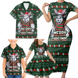 Personalized South Sydney Rabbitohs Christmas Family Matching Short Sleeve Bodycon Dress and Hawaiian Shirt Australian Rugby Fans - Pixelated Ugly Xmas Pattern Mascot Santa