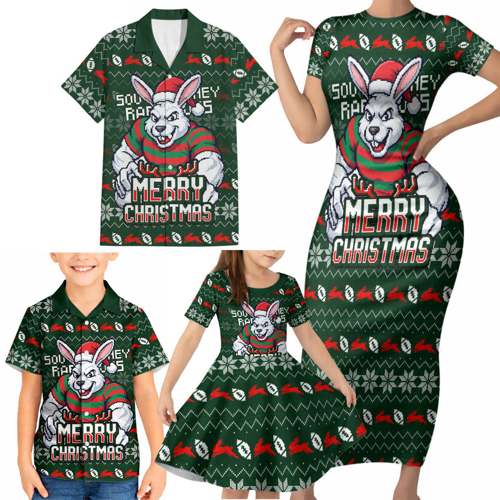 Personalized South Sydney Rabbitohs Christmas Family Matching Short Sleeve Bodycon Dress and Hawaiian Shirt Australian Rugby Fans - Pixelated Ugly Xmas Pattern Mascot Santa
