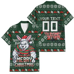 Personalized South Sydney Rabbitohs Christmas Family Matching Long Sleeve Bodycon Dress and Hawaiian Shirt Australian Rugby Fans - Pixelated Ugly Xmas Pattern Mascot Santa