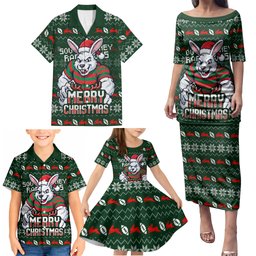 Personalized South Sydney Rabbitohs Christmas Family Matching Puletasi and Hawaiian Shirt Australian Rugby Fans - Pixelated Ugly Xmas Pattern Mascot Santa