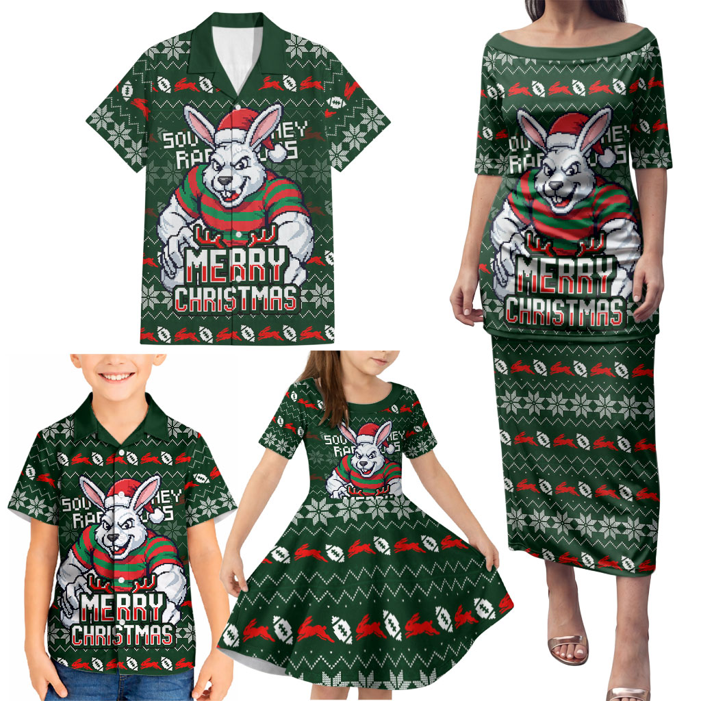Personalized South Sydney Rabbitohs Christmas Family Matching Puletasi and Hawaiian Shirt Australian Rugby Fans - Pixelated Ugly Xmas Pattern Mascot Santa