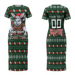 Personalized South Sydney Rabbitohs Christmas Family Matching Short Sleeve Bodycon Dress and Hawaiian Shirt Australian Rugby Fans - Pixelated Ugly Xmas Pattern Mascot Santa
