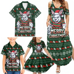Personalized South Sydney Rabbitohs Christmas Family Matching Summer Maxi Dress and Hawaiian Shirt Australian Rugby Fans - Pixelated Ugly Xmas Pattern Mascot Santa