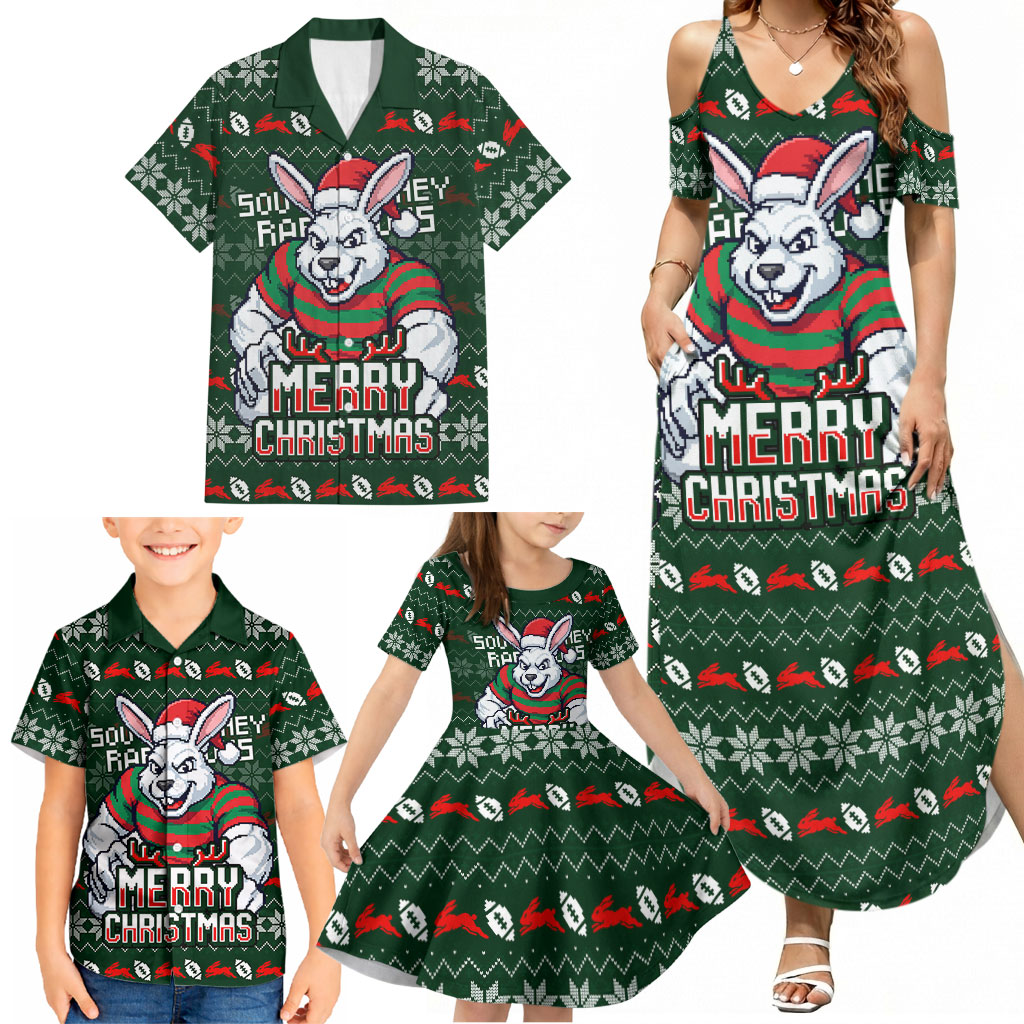 Personalized South Sydney Rabbitohs Christmas Family Matching Summer Maxi Dress and Hawaiian Shirt Australian Rugby Fans - Pixelated Ugly Xmas Pattern Mascot Santa