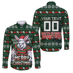 Personalized South Sydney Rabbitohs Christmas Family Matching Puletasi and Hawaiian Shirt Australian Rugby Fans - Pixelated Ugly Xmas Pattern Mascot Santa