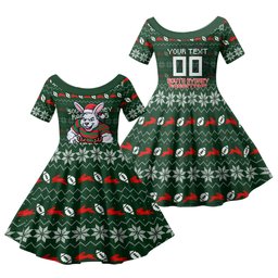 Personalized South Sydney Rabbitohs Christmas Family Matching Long Sleeve Bodycon Dress and Hawaiian Shirt Australian Rugby Fans - Pixelated Ugly Xmas Pattern Mascot Santa