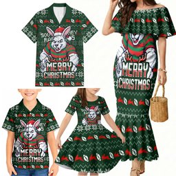 Personalized South Sydney Rabbitohs Christmas Family Matching Mermaid Dress and Hawaiian Shirt Australian Rugby Fans - Pixelated Ugly Xmas Pattern Mascot Santa
