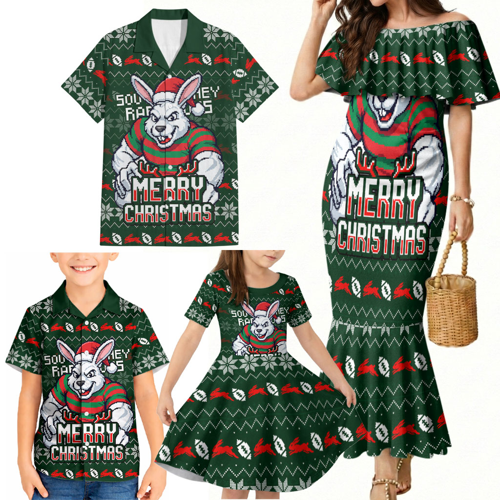 Personalized South Sydney Rabbitohs Christmas Family Matching Mermaid Dress and Hawaiian Shirt Australian Rugby Fans - Pixelated Ugly Xmas Pattern Mascot Santa