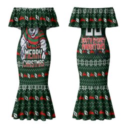 Personalized South Sydney Rabbitohs Christmas Family Matching Mermaid Dress and Hawaiian Shirt Australian Rugby Fans - Pixelated Ugly Xmas Pattern Mascot Santa
