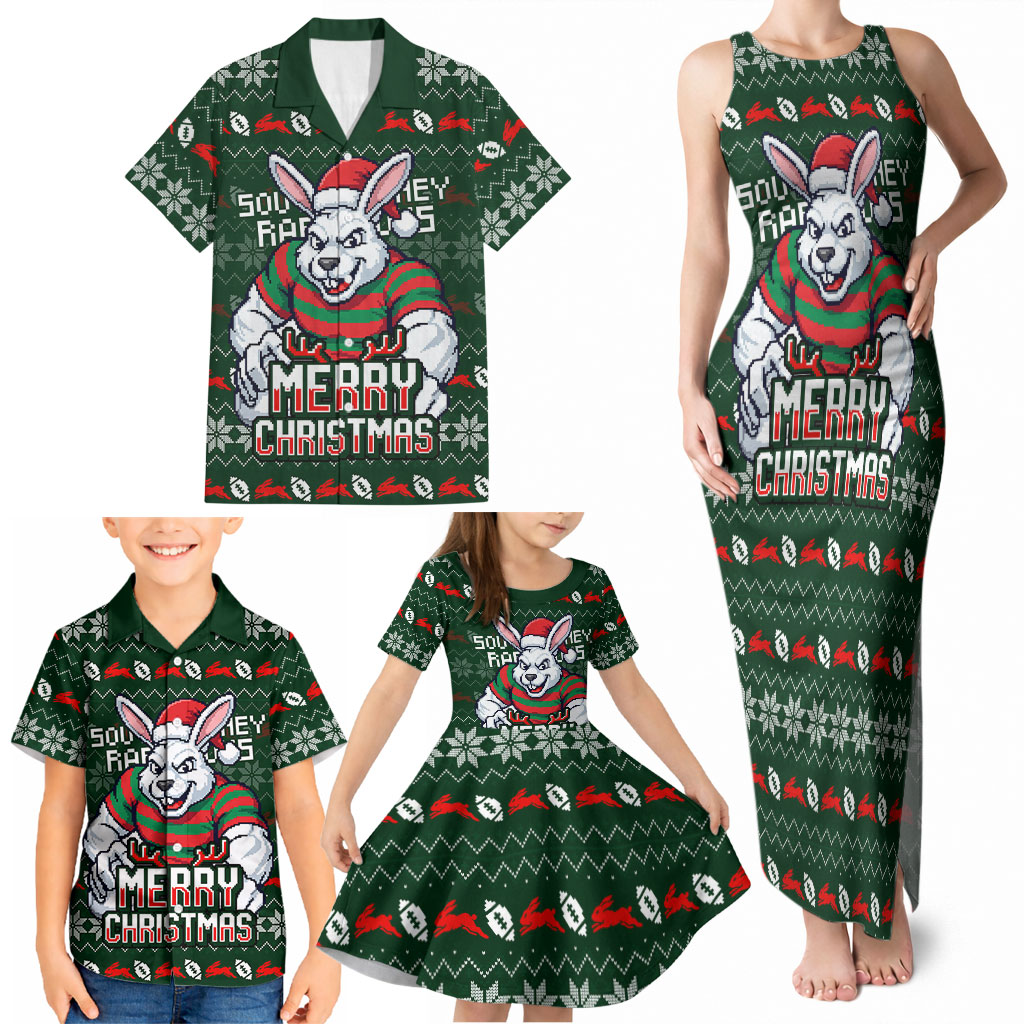 Personalized South Sydney Rabbitohs Christmas Family Matching Tank Maxi Dress and Hawaiian Shirt Australian Rugby Fans - Pixelated Ugly Xmas Pattern Mascot Santa
