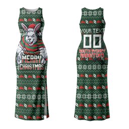 Personalized South Sydney Rabbitohs Christmas Family Matching Tank Maxi Dress and Hawaiian Shirt Australian Rugby Fans - Pixelated Ugly Xmas Pattern Mascot Santa
