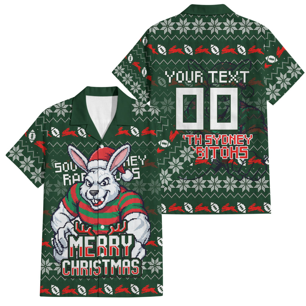 Personalized South Sydney Rabbitohs Christmas Family Matching Tank Maxi Dress and Hawaiian Shirt Australian Rugby Fans - Pixelated Ugly Xmas Pattern Mascot Santa