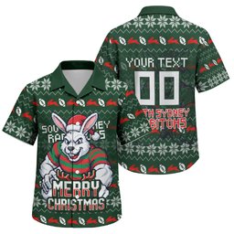 Personalized South Sydney Rabbitohs Christmas Family Matching Summer Maxi Dress and Hawaiian Shirt Australian Rugby Fans - Pixelated Ugly Xmas Pattern Mascot Santa