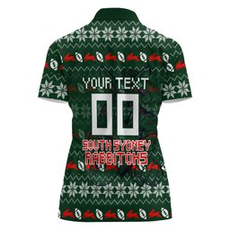 Personalized South Sydney Rabbitohs Christmas Women Polo Shirt Australian Rugby Fans - Pixelated Ugly Xmas Pattern Mascot Santa