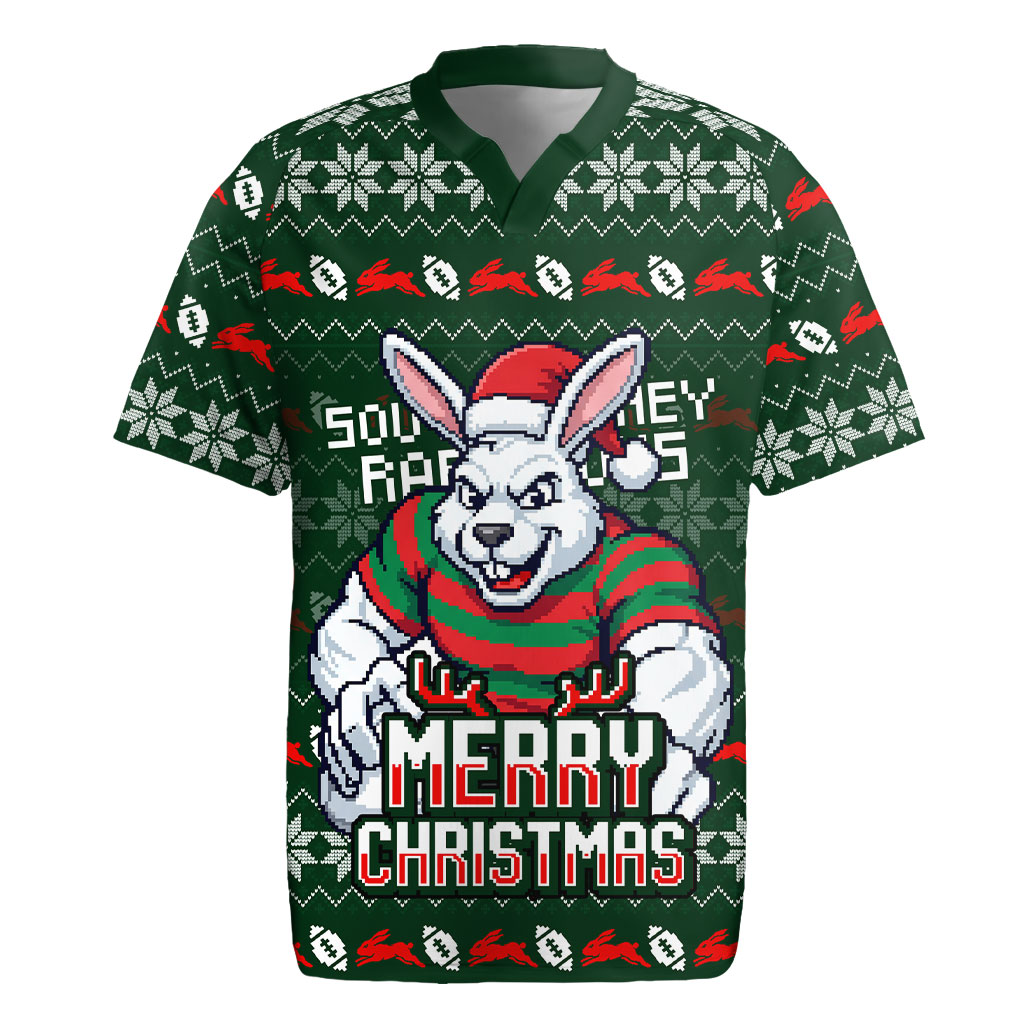 Personalized South Sydney Rabbitohs Christmas Rugby Jersey Australian Rugby Fans - Pixelated Ugly Xmas Pattern Mascot Santa