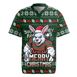 Personalized South Sydney Rabbitohs Christmas Rugby Jersey Australian Rugby Fans - Pixelated Ugly Xmas Pattern Mascot Santa