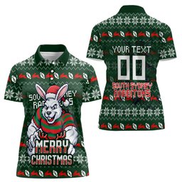 Personalized South Sydney Rabbitohs Christmas Women Polo Shirt Australian Rugby Fans - Pixelated Ugly Xmas Pattern Mascot Santa