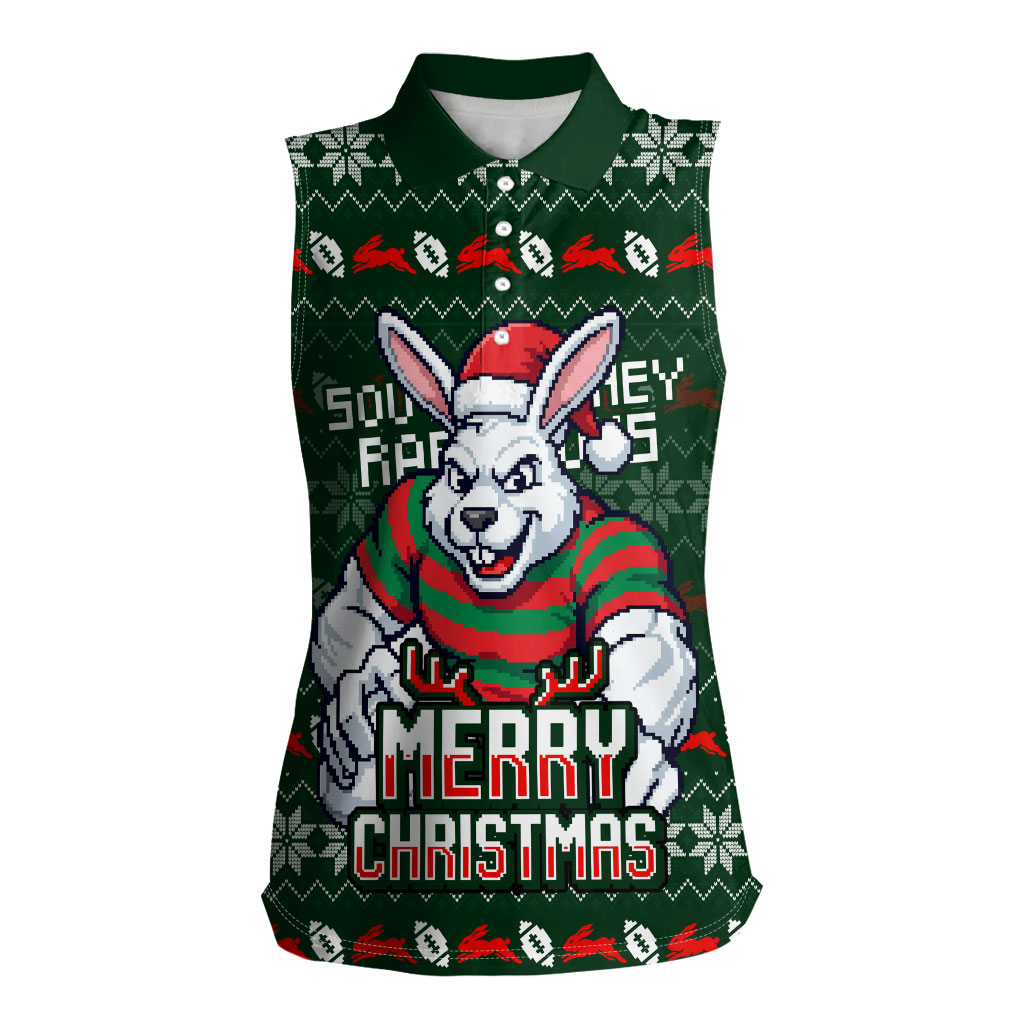 Personalized South Sydney Rabbitohs Christmas Women Sleeveless Polo Shirt Australian Rugby Fans - Pixelated Ugly Xmas Pattern Mascot Santa