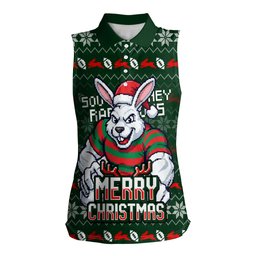 Personalized South Sydney Rabbitohs Christmas Women Sleeveless Polo Shirt Australian Rugby Fans - Pixelated Ugly Xmas Pattern Mascot Santa