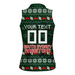 Personalized South Sydney Rabbitohs Christmas Women Sleeveless Polo Shirt Australian Rugby Fans - Pixelated Ugly Xmas Pattern Mascot Santa