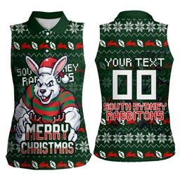 Personalized South Sydney Rabbitohs Christmas Women Sleeveless Polo Shirt Australian Rugby Fans - Pixelated Ugly Xmas Pattern Mascot Santa