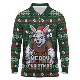 Personalized South Sydney Rabbitohs Christmas Long Sleeve Polo Shirt Australian Rugby Fans - Pixelated Ugly Xmas Pattern Mascot Santa