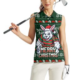Personalized South Sydney Rabbitohs Christmas Women Sleeveless Polo Shirt Australian Rugby Fans - Pixelated Ugly Xmas Pattern Mascot Santa