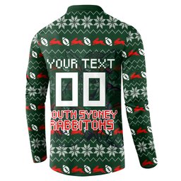 Personalized South Sydney Rabbitohs Christmas Button Sweatshirt Australian Rugby Fans - Pixelated Ugly Xmas Pattern Mascot Santa