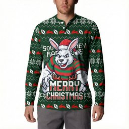 Personalized South Sydney Rabbitohs Christmas Button Sweatshirt Australian Rugby Fans - Pixelated Ugly Xmas Pattern Mascot Santa