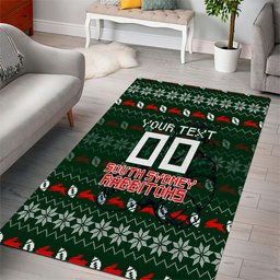 Personalized South Sydney Rabbitohs Christmas Area Rug Australian Rugby Fans - Pixelated Ugly Xmas Pattern Mascot Santa
