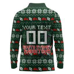 Personalized South Sydney Rabbitohs Christmas Long Sleeve Polo Shirt Australian Rugby Fans - Pixelated Ugly Xmas Pattern Mascot Santa