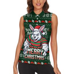 Personalized South Sydney Rabbitohs Christmas Women Sleeveless Polo Shirt Australian Rugby Fans - Pixelated Ugly Xmas Pattern Mascot Santa