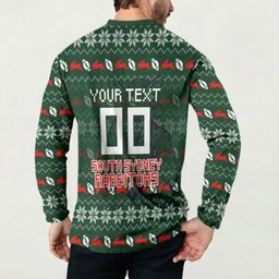 Personalized South Sydney Rabbitohs Christmas Button Sweatshirt Australian Rugby Fans - Pixelated Ugly Xmas Pattern Mascot Santa