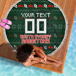 Personalized South Sydney Rabbitohs Christmas Beach Blanket Australian Rugby Fans - Pixelated Ugly Xmas Pattern Mascot Santa