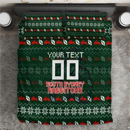 Personalized South Sydney Rabbitohs Christmas Bedding Set Australian Rugby Fans - Pixelated Ugly Xmas Pattern Mascot Santa