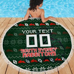 Personalized South Sydney Rabbitohs Christmas Beach Blanket Australian Rugby Fans - Pixelated Ugly Xmas Pattern Mascot Santa
