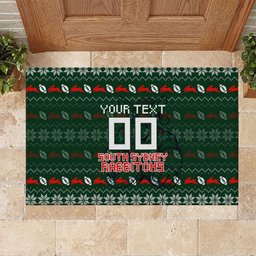 Personalized South Sydney Rabbitohs Christmas Rubber Doormat Australian Rugby Fans - Pixelated Ugly Xmas Pattern Mascot Santa