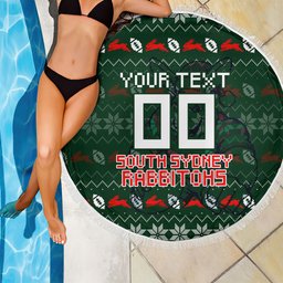 Personalized South Sydney Rabbitohs Christmas Beach Blanket Australian Rugby Fans - Pixelated Ugly Xmas Pattern Mascot Santa