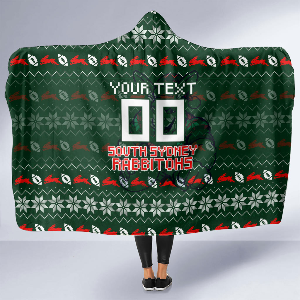 Personalized South Sydney Rabbitohs Christmas Hooded Blanket Australian Rugby Fans - Pixelated Ugly Xmas Pattern Mascot Santa