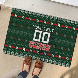 Personalized South Sydney Rabbitohs Christmas Rubber Doormat Australian Rugby Fans - Pixelated Ugly Xmas Pattern Mascot Santa