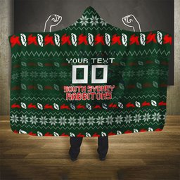 Personalized South Sydney Rabbitohs Christmas Hooded Blanket Australian Rugby Fans - Pixelated Ugly Xmas Pattern Mascot Santa