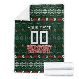 Personalized South Sydney Rabbitohs Christmas Blanket Australian Rugby Fans - Pixelated Ugly Xmas Pattern Mascot Santa
