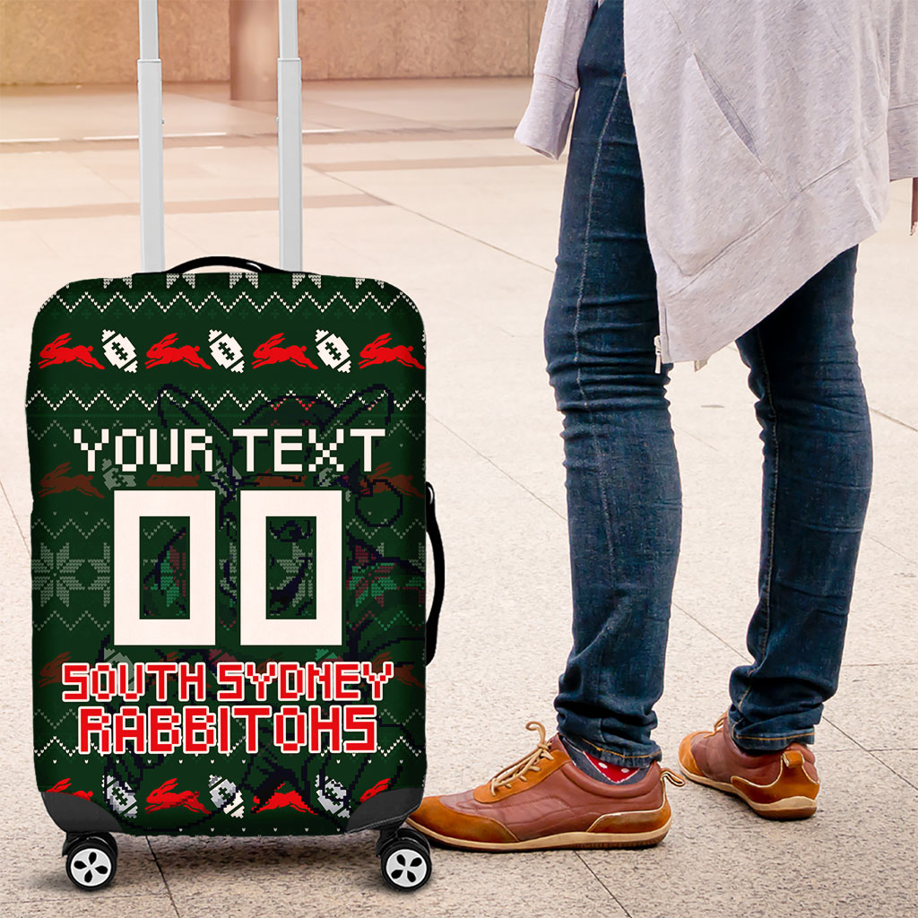 Personalized South Sydney Rabbitohs Christmas Luggage Cover Australian Rugby Fans - Pixelated Ugly Xmas Pattern Mascot Santa